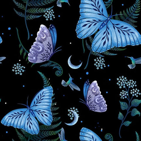 Blank Quilting - Jardin De Lune Glow 3827G 99 Black Butterflies By The Yard