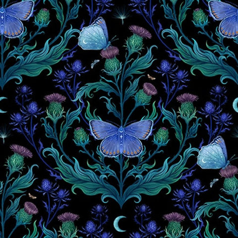 Blank Quilting - Jardin De Lune Glow 3828G 99 Black Butterflies With Greenery By The Yard