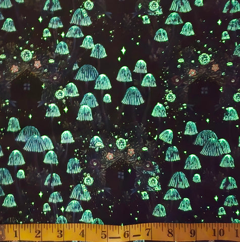 Blank Quilting - Jardin De Lune Glow 3829G 99 Black Mushrooms With Houses By The Yard