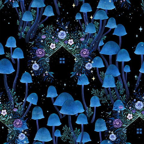 Blank Quilting - Jardin De Lune Glow 3829G 99 Black Mushrooms With Houses By The Yard