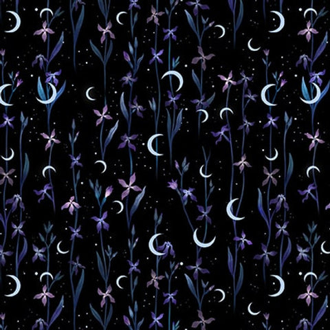 Blank Quilting - Jardin De Lune Glow 3830G 99 Black Crescent Moons With Flowers By The Yard