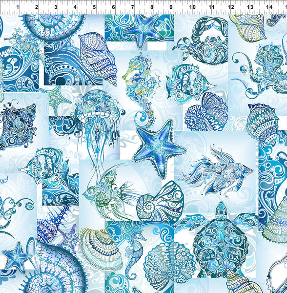 In The Beginning Wonders Of The Ocean 3WO 1 Blue Collage By The Yard