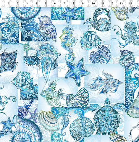 In The Beginning Wonders Of The Ocean 3WO 1 Blue Collage By The Yard