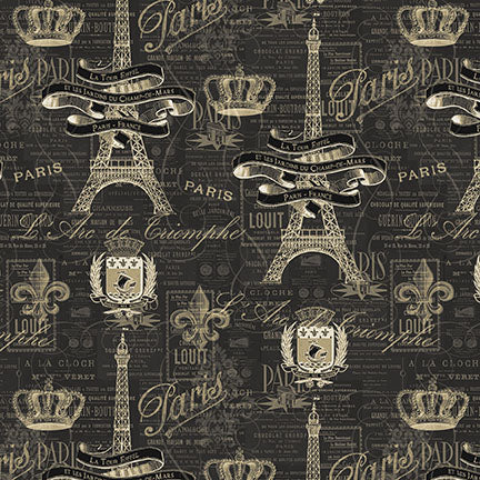 Blank Quilting Digital Paris Nights 4112 95 Charcoal Eiffel Tower With Crests & Crowns By The Yard