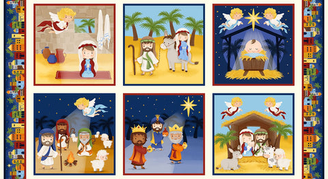 Blank Quilting Away In A Manger 4187 77 Blue Nativity Blocks 24" PANEL By The PANEL (Not Strictly By The Yard)