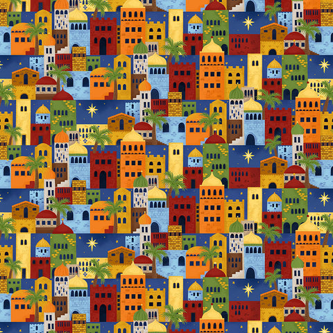 Blank Quilting Away In A Manger 4188 77 Blue Allover Buildings By The Yard