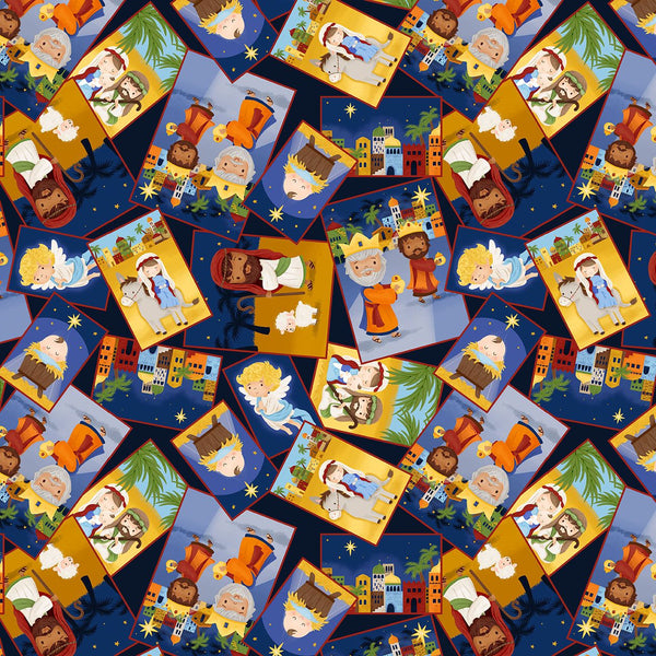 Blank Quilting Away In A Manger 4193 77 Blue Nativity Squares Tossed By The Yard