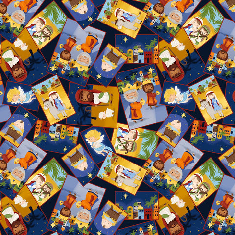 Blank Quilting Away In A Manger 4193 77 Blue Nativity Squares Tossed By The Yard