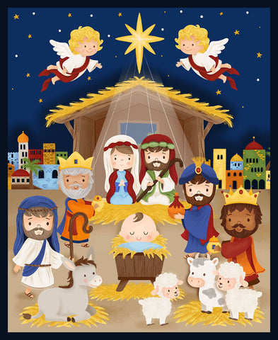 Blank Quilting Away In A Manger 4195P 77 Blue Nativity 36" PANEL By The PANEL (Not Strictly By The Yard)