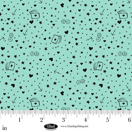 Blank Quilting Ink Chronicles 4450 67 Seafoam Playing Cards, Hearts, Stars & Anchors By The Yard