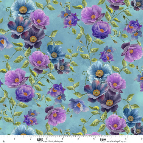 Blank Quilting Florinda 4740 75 Teal/Violet Anemones Flowers By The Yard