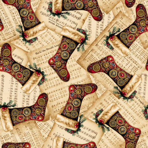 Blank Quilting Gears & Garland 4818 41 Parchment Christmas Sheet Music With Stockings By The Yard