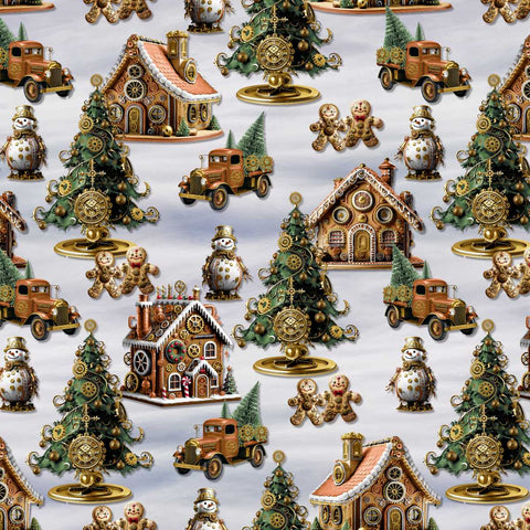 Blank Quilting Gears & Garland 4820 90 Light Gray Gingerbread Houses With Snowmen & Christmas Trees By The Yard