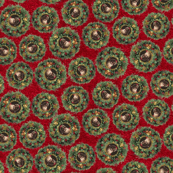 Blank Quilting Gears & Garland 4821 88 Red Christmas Wreaths With Santa By The Yard