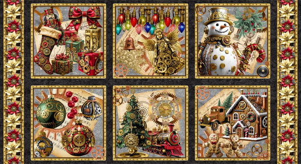 Blank Quilting Gears & Garland 4830B 99 Black Steampunk Christmas Blocks 24" PANEL By The PANEL (Not Strictly By The Yard)