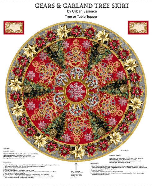 Blank Quilting Gears & Garland 4831P 88 Red Steampunk Christmas Tree Skirt 54" PANEL By The PANEL (Not Strictly By The Yard)