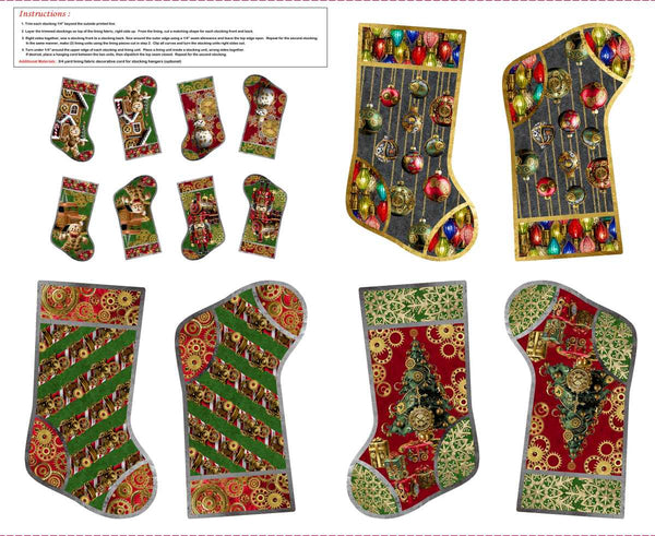 Blank Quilting Gears & Garland 4832P 88 Red Steampunk Christmas Stockings 36" PANEL By The PANEL (Not Strictly By The Yard)