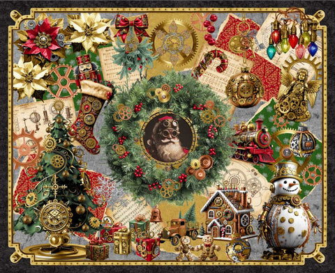 Blank Quilting Gears & Garland 4833P 88 Red Steampunk Christmas 36" PANEL By The PANEL (Not Strictly By The Yard)