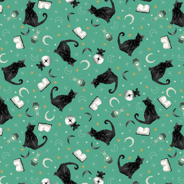 Blank Quilting Witchy Wicked 4860 70 Turquoise Black Cats, Crystal Balls & Potion Books By The Yard