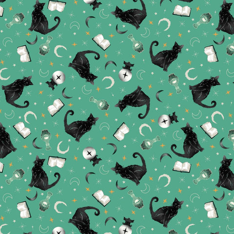 Blank Quilting Witchy Wicked 4860 70 Turquoise Black Cats, Crystal Balls & Potion Books By The Yard