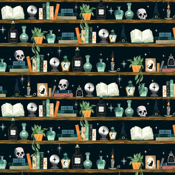 Blank Quilting Witchy Wicked 4861 99 Black Bookshelf With Potion Bottles & Crystal Balls By The Yard