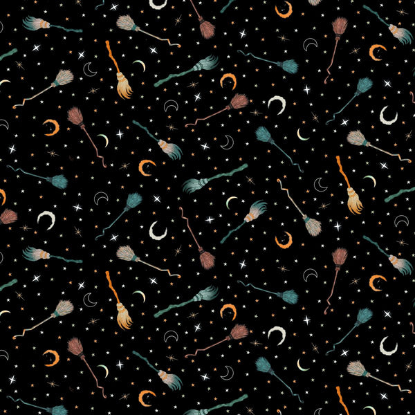 Blank Quilting Witchy Wicked 4867 99 Black Broomsticks, Stars & Moons By The Yard