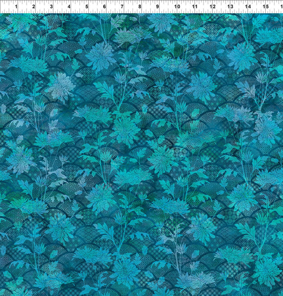 In The Beginning Oriental Gardens 4OG 2 Teal Fan Floral By The Yard