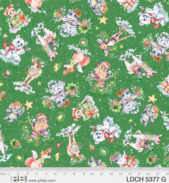 P&B Textiles Little Darlings Christmas 5377 G Multi Animals Green By The Yard