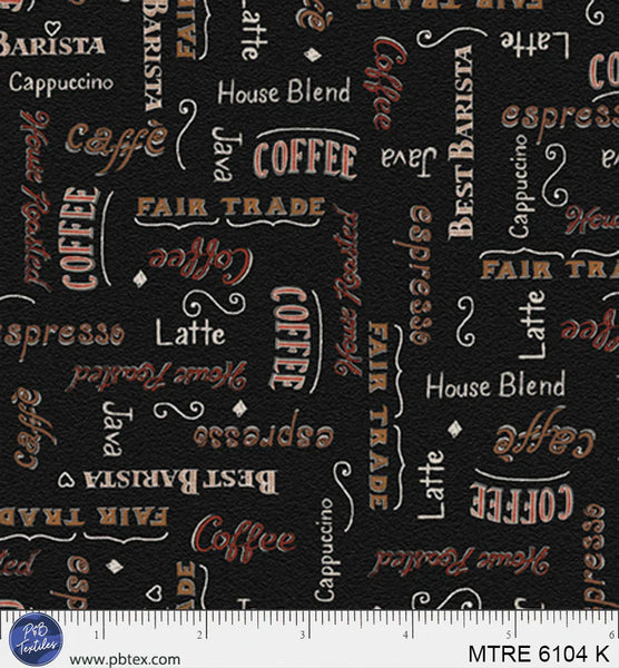 P&B Textiles Morning Treat 6104 K Black 4-Way Coffee Phrases By The Yard