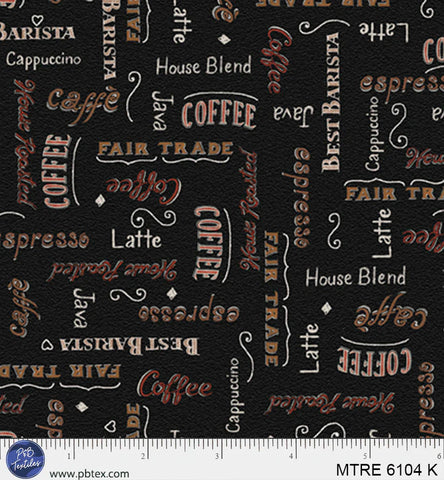 P&B Textiles Morning Treat 6104 K Black 4-Way Coffee Phrases By The Yard