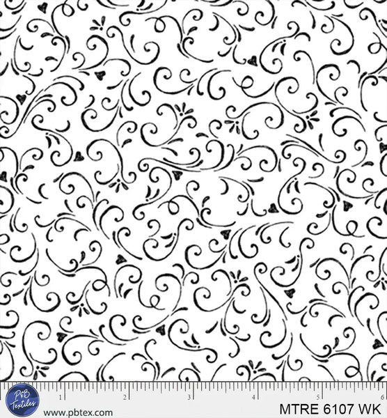 P&B Textiles Morning Treat 6107 WK White Black Chalk Scroll By The Yard