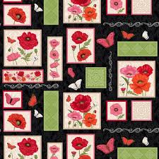 Studio E Merry Poppies 7766 98 Black Red Patchwork 1.25 YARDS