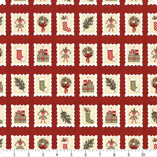 Studio E Christmas Village 8310 88 Red Stamps 1.75 YARDS
