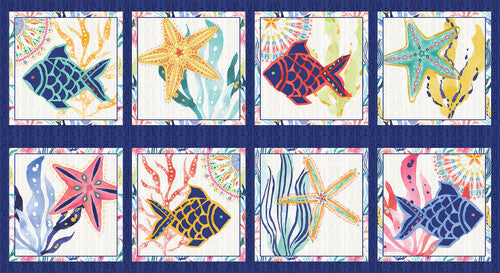 Blank Quilting Along The Coast 3737 01 Dark Blue Fish & Seaweed Blocks 24" PANEL By The PANEL (Not Stricty By The Yard)
