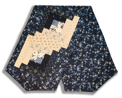Fully FINISHED Log Cabin Table Runner - Moda - Bluebird's Nest - Navy