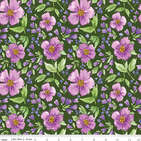 Riley Blake Plum Petals C15640 GREEN Main Floral By The Yard