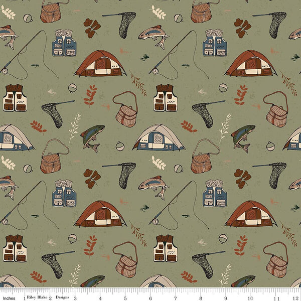 Riley Blake Let's Wander C16881 Sage Gone Fishing By The Yard
