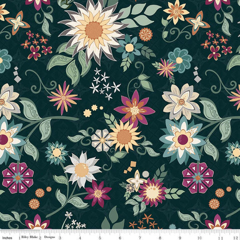 Riley Blake Where The Wildflowers Are C18250 Dark Teal Main By The Yard