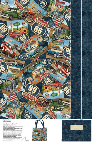 Northcott Historic Route 66 C29249 48 Navy Multi Tote Bag 28" CANVAS PANEL By The PANEL (Not Strictly By The Yard)