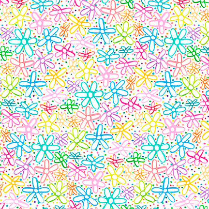 P&B Textiles Color Crush 6330 WMU White Multi Doodle Flower Allover By The Yard