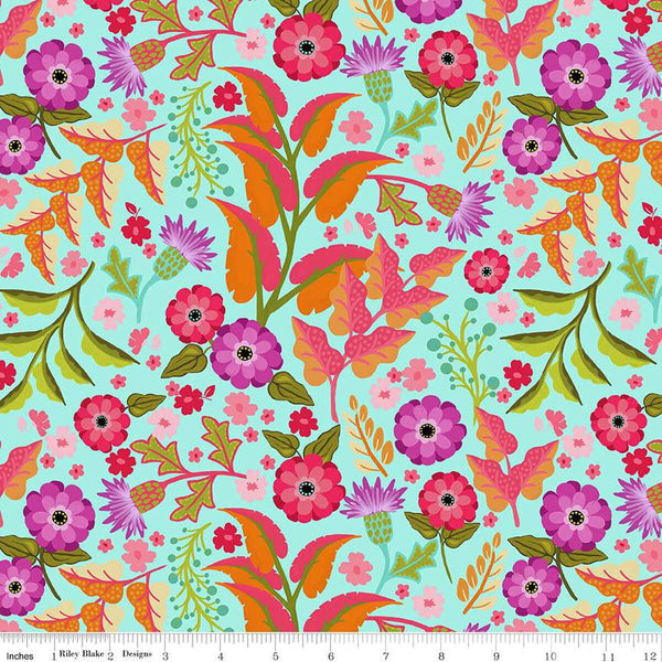 Riley Blake Zinnias CD16691 Aqua Floral 1.25 YARDS