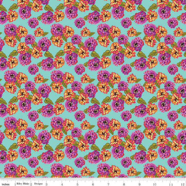 Riley Blake Zinnias CD16693 Aqua Zinnias By The Yard