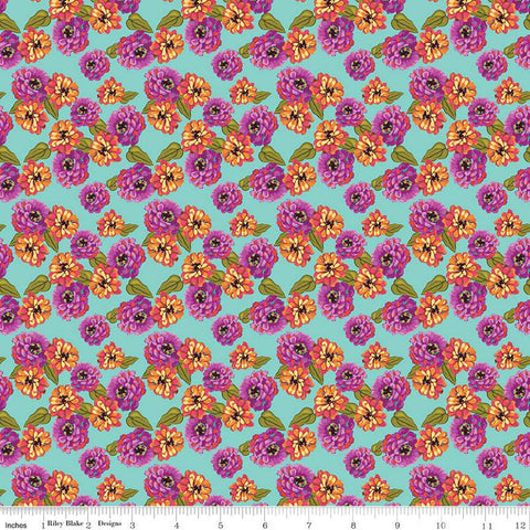 Riley Blake Zinnias CD16693 Aqua Zinnias By The Yard