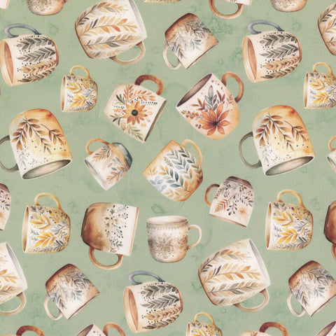 Riley Blake Coffee Time C17131 Sage Coffee Mugs By The Yard