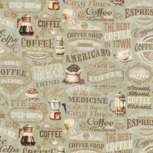Riley Blake Coffee Time C17132 Sage Text By The Yard