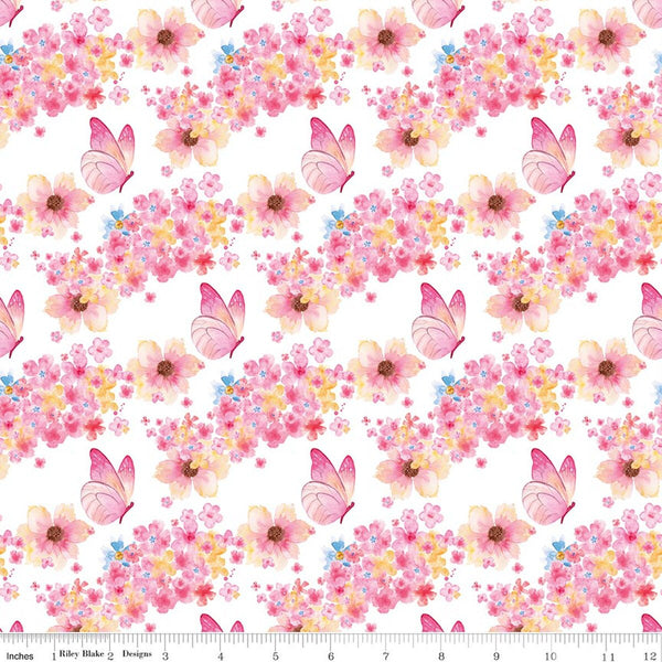 Riley Blake Painted Petals C17591 White Butterfly Floral By The Yard