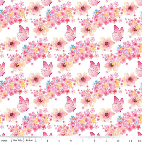 Riley Blake Painted Petals C17591 White Butterfly Floral By The Yard