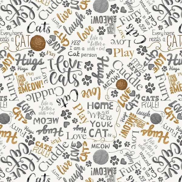 Timeless Treasures - Are You Kitten Me? CD2063 Natural Ball Of Yarn & Text By The Yard