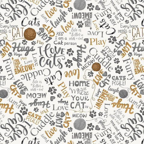 Timeless Treasures - Are You Kitten Me? CD2063 Natural Ball Of Yarn & Text By The Yard