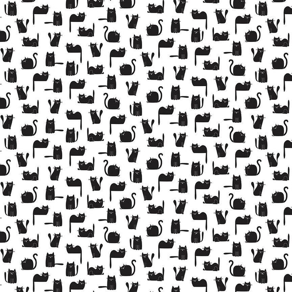 Timeless Treasures - Smitten Kitten CD2572 White Tossed Black Cats By The Yard